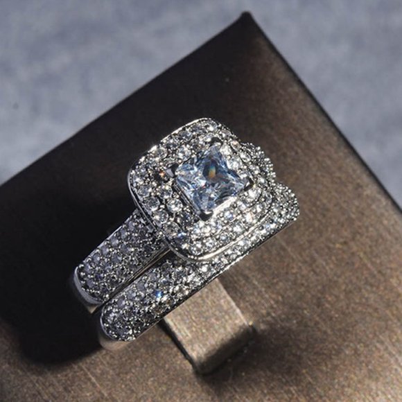 NEW 925 Sterling Silver Princess Halo Ring Set - Picture 4 of 10